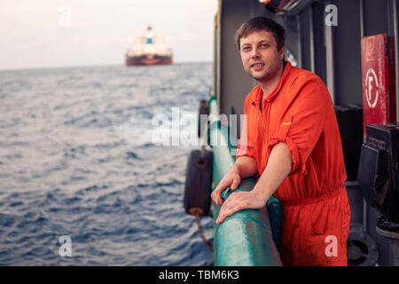 Deck Officer on deck of offshore vessel or ship Stock Photo