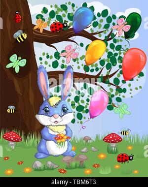 Blue bunny with a bouquet on a forest glade. Spring, love, postcard Stock Vector