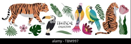 Tropical collection exotic flowers, leaves, birds and tigers. Cute flat Vector isolated elements on the white background Stock Vector