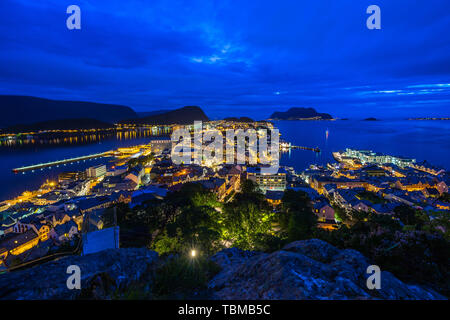 Night wide angle view of Alesund seen from mount Aksla viewpoint, More og Romsdal, Norway Stock Photo