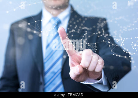 businessman touching virtual screen with cyber icon Stock Photo