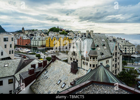 Alesund typical Art Nouveau buildings are decorated with towers, turrets and colourful ornaments. Alesund, More og Romsdal, Norway Stock Photo