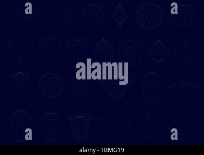 Set with geometric shapes. Polygonal geometric shapes of blue lines on a dark background. Vector illustration Stock Vector