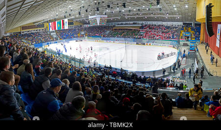 KYIV, UKRAINE - APRIL 22, 2017: Panoramic view of Palace of Sports Arena in Kyiv during the IIHF 2017 Ice Hockey World Championship Div 1 Group A game Stock Photo