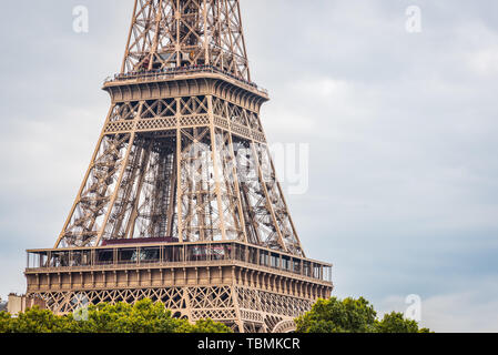 1st and 2nd floor of the Eiffel Tower on a beautiful blue summer sky in Paris France Stock Photo