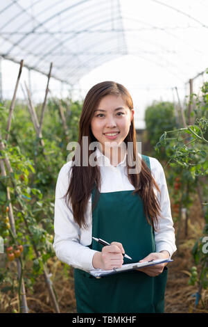 young beautiful asian woman works in green field Stock Photo