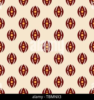 Abstract seamless vector ornamental pattern. Regularly repeated brown and yellow geometric shapes on dark brown background. Simple graphic print. Stock Vector