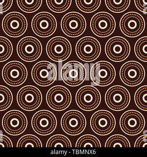 Abstract seamless vector pattern with beige and yellow dotted circles, rings on brown background. Aboriginal color pattern. Simple graphic print. Stock Vector