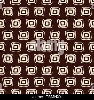 Abstract seamless geometric pattern of smooth beige squares on dark brown background. Aboriginal style. Doodle sketch style. Fashion pattern. Stock Vector