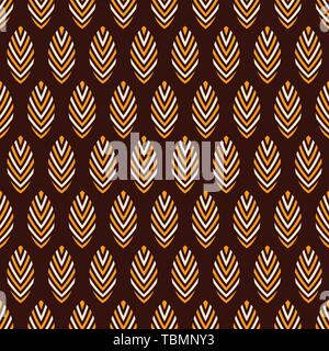 Abstract seamless vector ornamental pattern. Regularly repeated beige, yellow stylized leaves on dark brown background. Simple graphic print. Floral. Stock Vector
