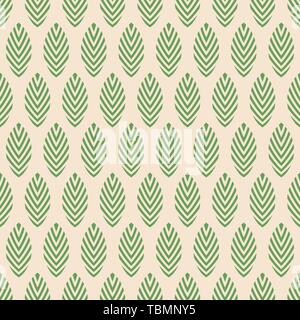 Abstract seamless vector ornamental pattern. Regularly repeated green leaves on beige background. Simple graphic print. Floral color background. Stock Vector