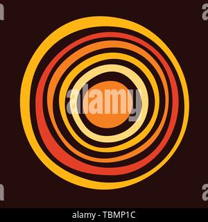 Stylized sun. Australian art. Aboriginal painting style. Smooth round shapes, circles isolated on dark background. Doodle sketch style. Stock Vector