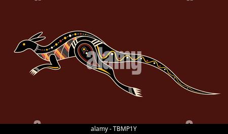 Kangaroo. Aboriginal art style. Vector color illustration isolated on brown background. Stock Vector