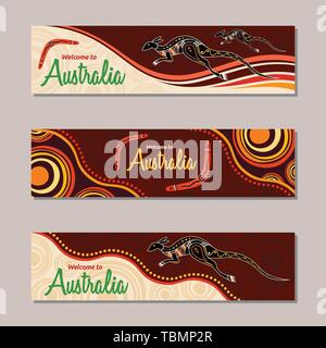 Horizontal banner templates in Australian aboriginal style. Kangaroo, boomerang, stylized sun, decorative elements. Welcome inscription. Vector color. Stock Vector