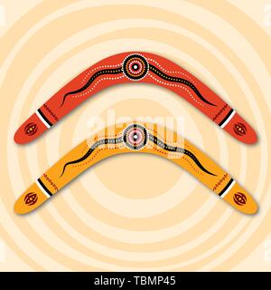 Boomerangs isolated on beige background with circles. Tribal style. Australian style. Vector illustration. Stock Vector