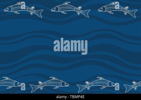 Seamless horizontal border pattern with fishes and abstract smooth waves on background. Space for text. Australian art. Aboriginal painting style. Stock Vector