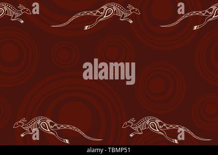 Seamless horizontal border pattern with kangaroos and smooth round shapes on background. Space for text. Australian art. Aboriginal painting style. Stock Vector