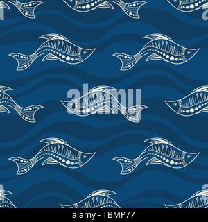 Seamless pattern of fishes silhouettes with abstract waves on background. Australian art. Aboriginal painting style. Vector color background. Stock Vector