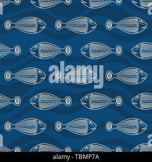 Seamless pattern of fishes silhouettes with abstract waves on background. Australian art. Aboriginal painting style. Vector color background. Stock Vector