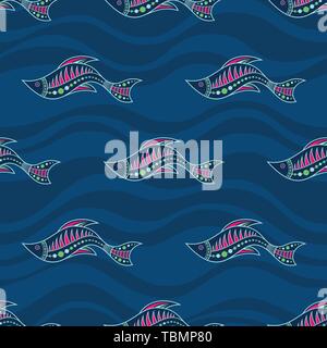 Seamless pattern of fishes silhouettes with abstract waves on background. Australian art. Aboriginal painting style. Vector color background. Stock Vector