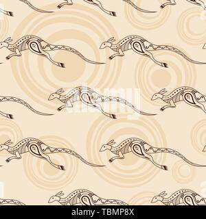 Seamless pattern of kangaroos silhouettes with abstract circles on background. Australian art. Aboriginal painting style. Vector color background. Stock Vector