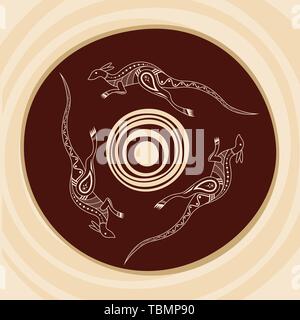 Three kangaroos jumping around the abstract sun. Aboriginal style. Linear style. Vector abstract illustration. Stock Vector
