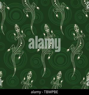 Seamless pattern of lizards silhouettes with abstract circles on background. Australian art. Aboriginal painting style. Vector color background. Stock Vector