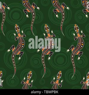 Seamless pattern of lizards with abstract circles on background. Australian art. Aboriginal painting style. Vector color background. Stock Vector