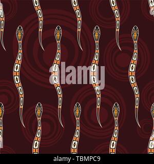 Seamless pattern of snakes with abstract circles on background. Australian art. Aboriginal painting style. Vector color background. Stock Vector