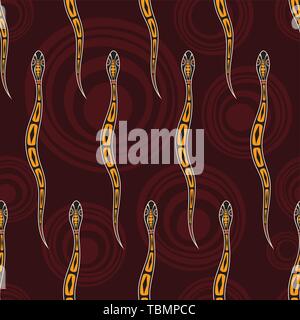 Seamless pattern of snakes with abstract circles on background. Australian art. Aboriginal painting style. Vector color background. Stock Vector