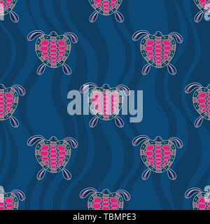 Seamless pattern of turtles with abstract circles on background. Australian art. Aboriginal painting style. Vector color background. Stock Vector