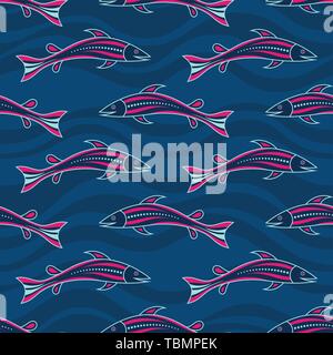 Seamless pattern of fishes silhouettes with abstract waves on background. Australian art. Aboriginal painting style. Vector color background. Stock Vector