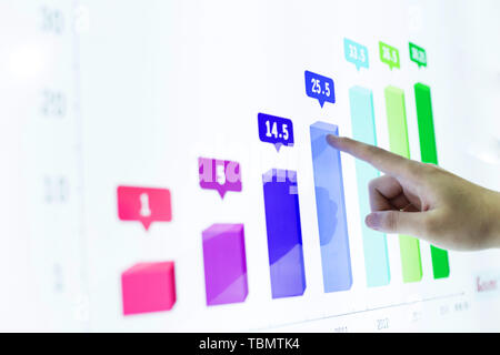 finger click the touch screen to analysis the financial report Stock Photo