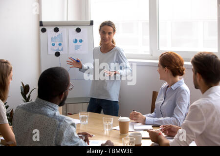 Female business coach standing near whiteboard talking to diverse team Stock Photo