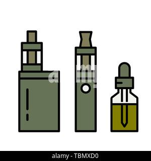 Vaping device and accessory. Electronic cigarette and bottles with vape liquid. e- liquid, e-juice. Mockup of Vape bottle with liquid. Isolated vector Stock Vector