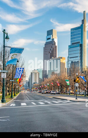 Philadelphia, Pennsylvania, USA - December, 2018 - Benjamin Franklin Parkway is a scenic boulevard that runs through the cultural heart of Philadelphi Stock Photo