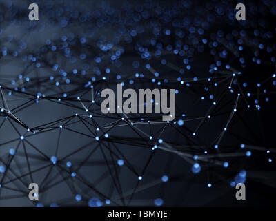 Abstract mesh line and point light block chain digital link network technology illuminated shape. Big data node base concept glow effect on black back Stock Photo