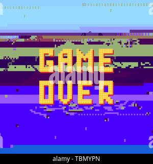 Retro Pixel Game Over Sin on Glitch Banner. Gaming Concept. Video Game Screen Stock Vector