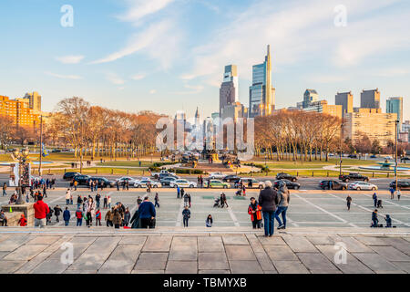 Philadelphia, Pennsylvania, USA - December, 2018 - View of Benjamin Franklin Parkway and Downtown of Philadelphia from the Museum Stairs. Stock Photo