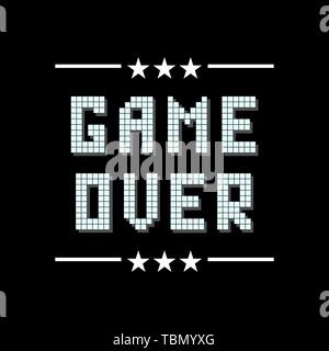 Retro Pixel Game Over Sign with Stars on Black Background. Gaming Concept. Video Game Screen Stock Vector