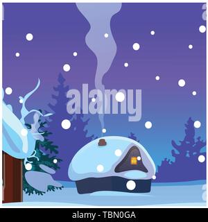 Poster with cozy rustic small hunting lodge with glowing window and smoke from the chimney in winter evening. Sample of poster, party holiday Stock Vector