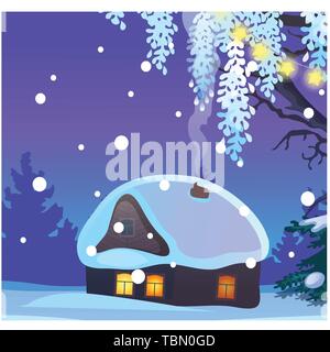 Poster with cozy rustic small hunting lodge with glowing window and smoke from the chimney in winter evening. Sample of poster, party holiday Stock Vector