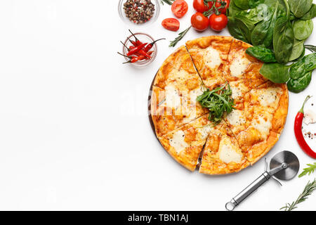 Fresh Cheesy Pizza Served On White Table Stock Photo