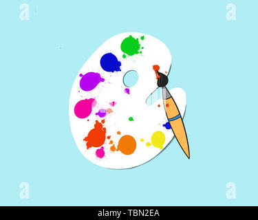 illustration of an art palette with paints and brushes isolated on a blue background. Stock Photo