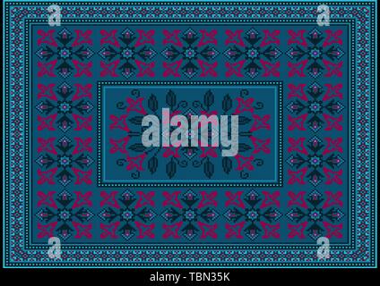 Luxurious blue carpet with ethnic ornaments of crimson flower patterns to the border and with a bouquet of crimson flowers in the center Stock Vector