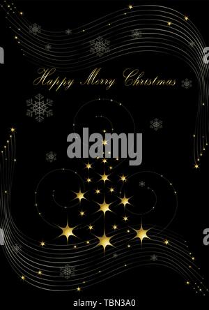 Golden Christmas tree of stars,with Happy Merry Christmas with golden scattering of the stars and spiral with beads on a black background Stock Vector