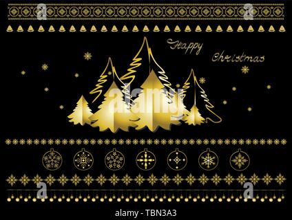 Collection of gold Christmas symbols, snowflakes, Christmas trees, borders, garlands, and greetings on a black background Stock Vector