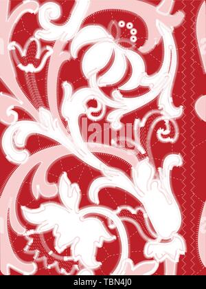 White Richelieu embroidery patterns on the red background as seamless pattern Stock Vector