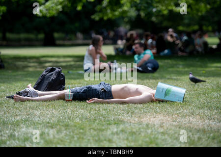 A man sunbathes in St Jame's Park in London. Stock Photo