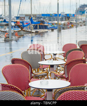 Empty seafront restaurant in Limassol marina. Cyprus Stock Photo